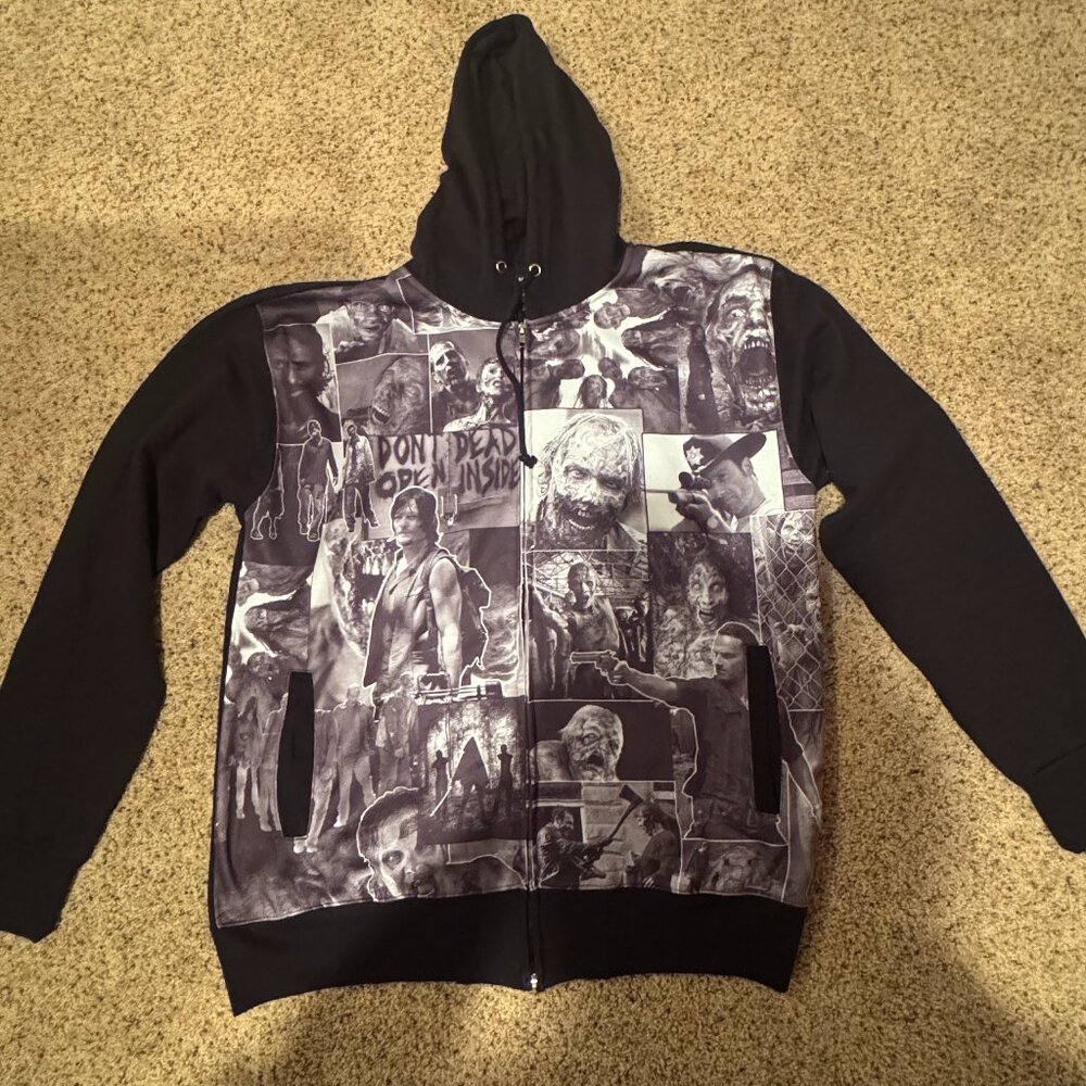 Vintage Like The Walking Dead Collage Black Zip up Hoodie (Men's 2XL)